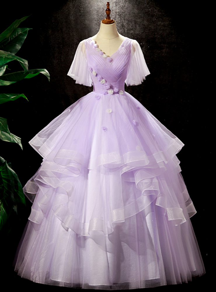 Purple Tulle V-neck Pleats Quinceanera Dress