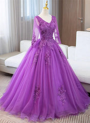 Purple Tulle with Lace Applique Long Sleeves Party Dress, Purple Tulle Prom Dress