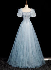 Queenly Blue Tulle Sequins Puff Sleeve Beading Prom Dress