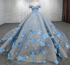 Quinceanera Blue  Off-the-Shoulder  Ball Gown Flower Dress