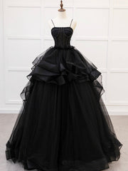 Quinceanera Dress A-Line Tulle Beads Black Long Prom Dress Black Sweet Dress