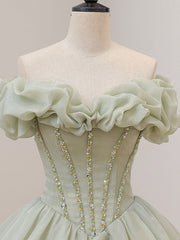 Quinceanera Dress Green Long Prom Dress Green Tulle Formal Sweet Dress with Beading