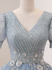 Quinceanera Dress V Neck Tulle Sequin Gray Blue Long Prom Dress Gray Blue Formal Sweet Dress