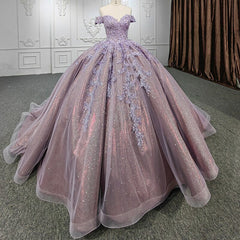 Quinceanera Purple  Off-the-Shoulder Ball Gown Flower Dress