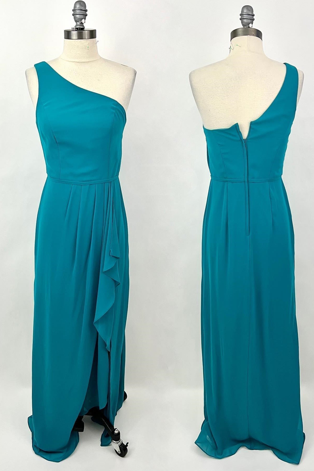 Floral Dress, One Shoulder Turquoise Ruffles Chiffon Long Bridesmaid Dress