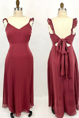 Dinner Dress, Ruffle Straps Burgundy Chiffon A-line Long Bridesmaid Dress