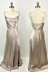 Homecomming Dresses Cute, Cowl Neck Straps Long Bridesmaid Dress with Slit