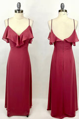 Party Dresses Night, Straps Wine Red Chiffon Flounce Long Bridesmaid Dress