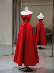 Red A-line Satin Scoop Long Prom Dress Party Dress, Red Satin Formal Dress