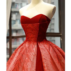 Red A Line Strapless Appliques Sequin Tulle Prom Dresses