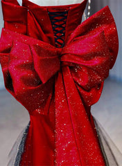 Red and Black Sweetheart Off Shoulder Formal Dress, Long Prom Dress with Bow