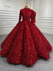 Red Ball Gown Sequins High Neck Long Sleeve Prom Dress