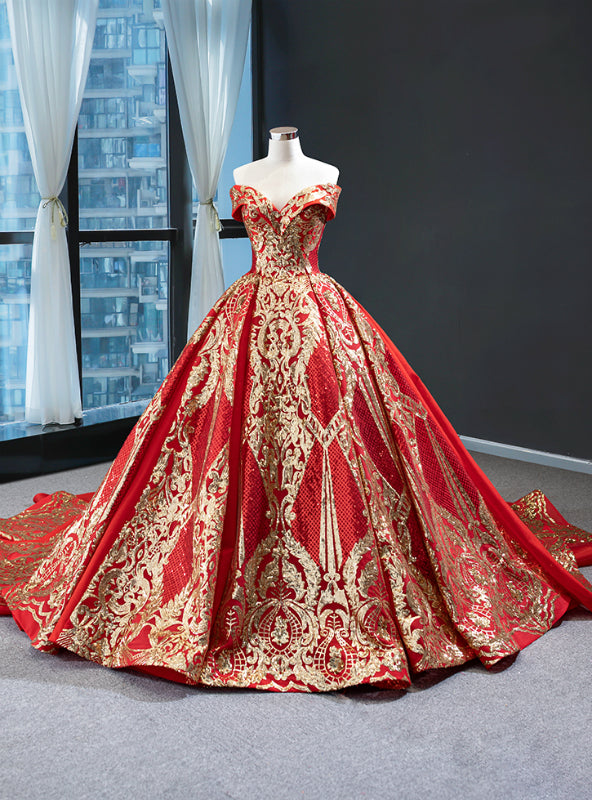 Red Ball Gown Sequins Off the Shoulder Luxury Prom Dress