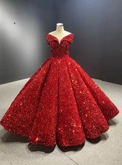 Red Ball Gown Sequins Off the Shoulder Prom Dress