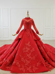 Red Ball Gown Tulle Appliques High Neck Long Sleeve Beading Wedding Dress With Long Train