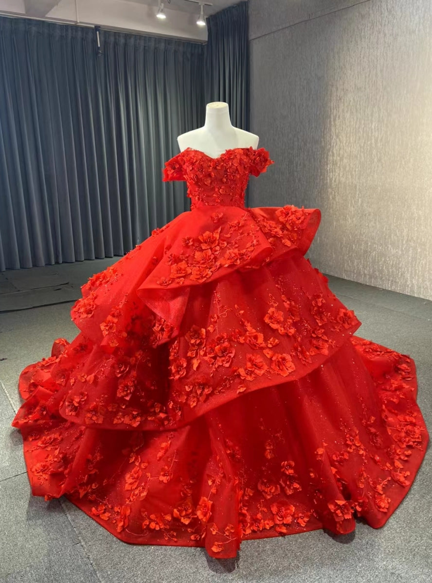 Red Ball Gown Tulle Off the Shoulder 3D Appliques Prom Dress