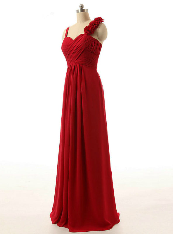 Red Chiffon Floor Length Pleats Bridesmaid Dress