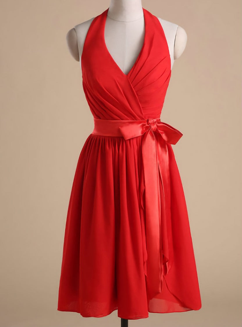 Red Chiffon Halter Homecoming Dress Cocktail Dresses Bow Accent Waist