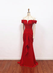 Red Chiffon Mermaid Off Shoulder Wedding Party Dress, Red Long Formal Dress