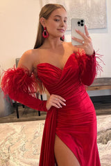 Red Detachable Long Sleeves Long Prom Dress with Feathers