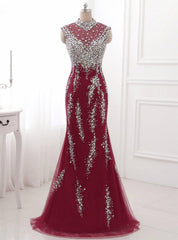 Red Evening Dresses Crystal Long Prom Dress Sexy Illusion