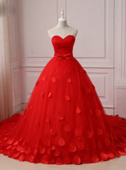 Red Flower Petals Ruched Sweetheart Sleeveless Wedding Dress