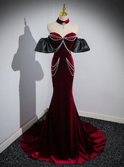 Red Mermaid Velvet Sweetheart Beading Prom Dress