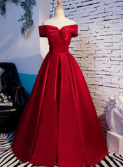 Prom Dress Two Piece, Red Off Shoulder Satin A-line Sweetheart Long Prom Dress, Red Long Evening Dress Formal Dress