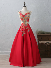 Red Satin Appliques Prom Dress