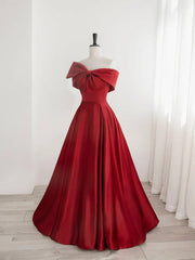 Red Satin One Shoulder Long Party Dress with Bow Red Off Shoulder Prom Dress prom dresses shops