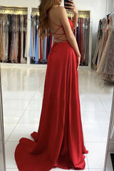 Red Satin Simple Long V-neckline Prom Dress Red A-line Floor Length Party Dress prom dresses shops