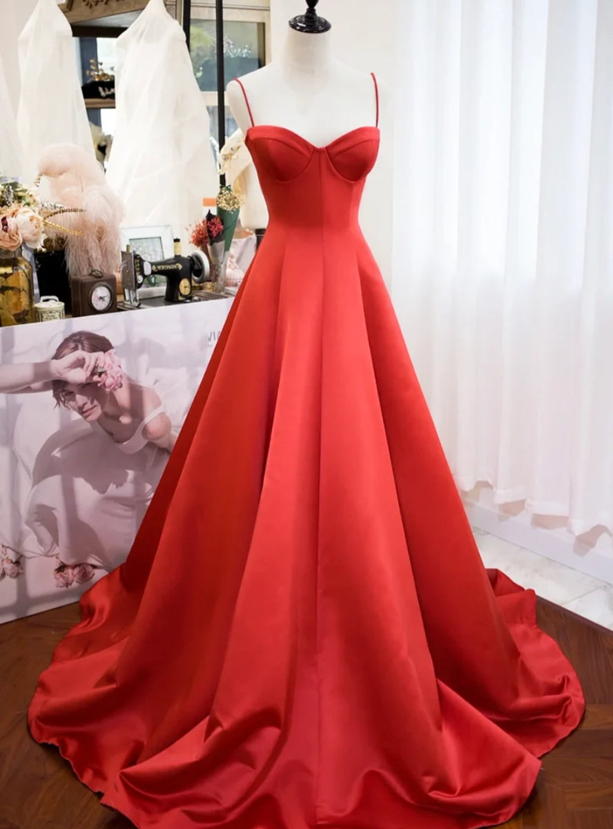 Red Satin Spaghetti Straps Prom Dress