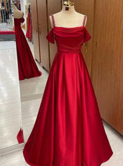 Red Satin Straps Beading Prom Dress