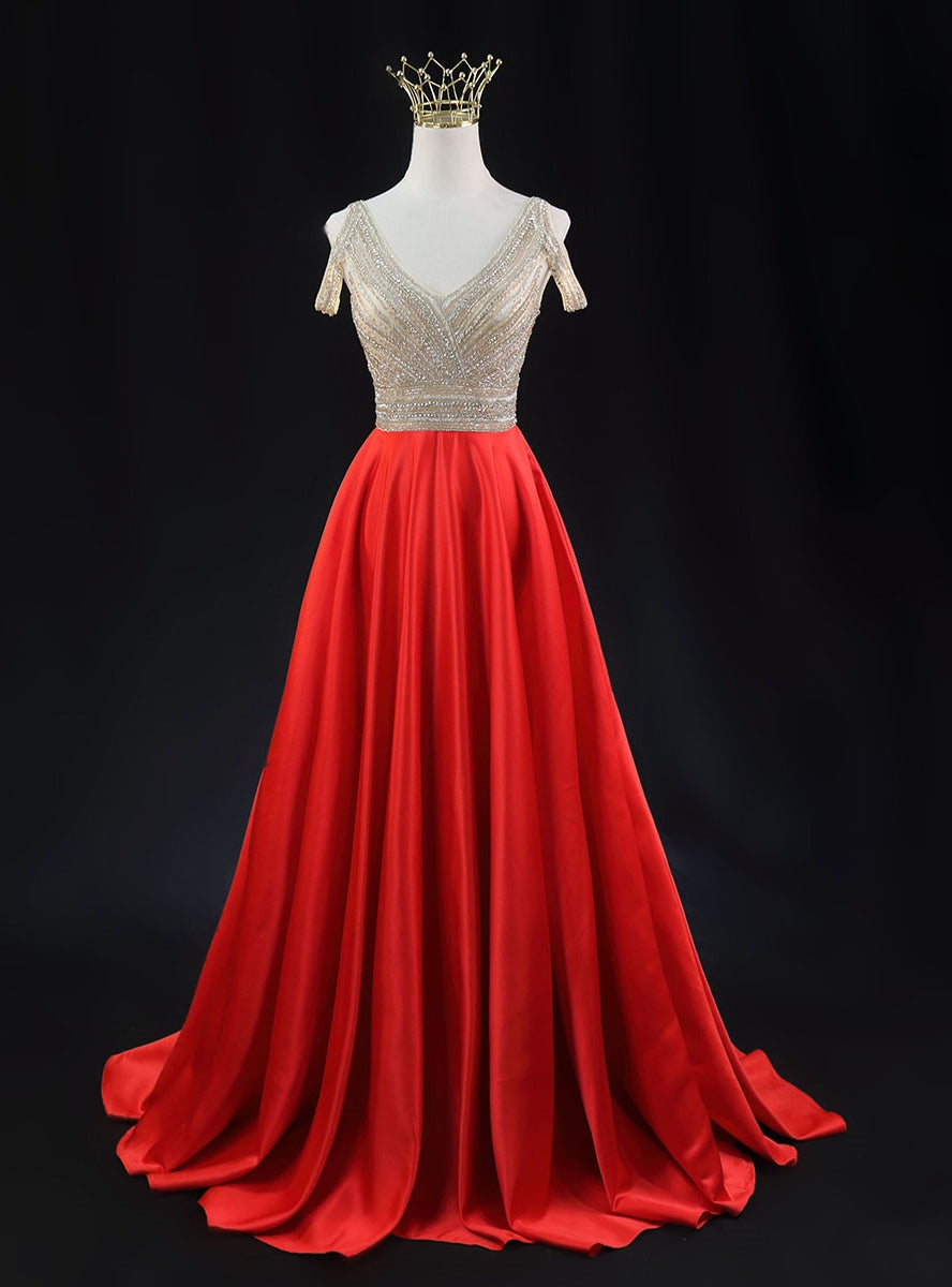 Red Satin V-neck Beading Prom Dress