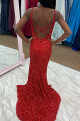 Red Sequins V Neck Prom Dress with Slit