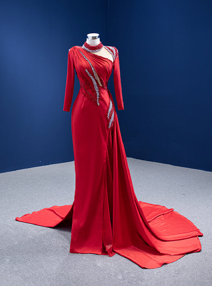 Red Sheath Long Sleeve High Neck Beading Prom Dress