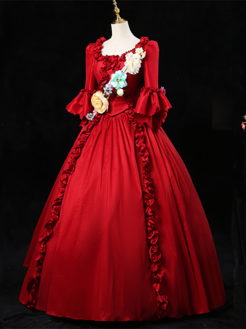 Red Short Sleeve 3D Flower Victorian Vintage Dress