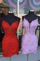 Red Spaghetti Straps Applique Tight Homecoming Dress