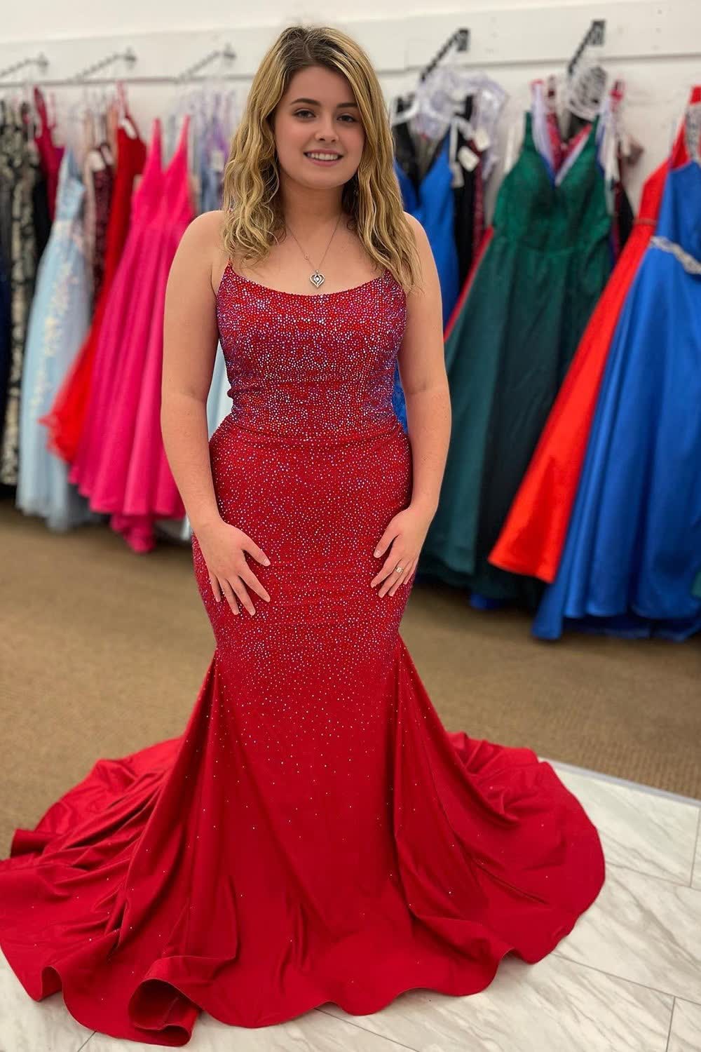 Red Spaghetti Straps Mermaid Beading Prom Dress