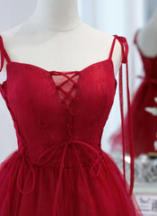 Prom Dress Outfits, Red Straps Tulle Short Homecoming Dress Prom Dress, Red V-neckline Formal Dresses