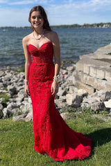 Red Sweetheart Lace-Up Long Mermaid Prom Dress with Appliques