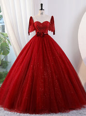 Red Tulle Beading Short Sleeve Quinceanera Dress