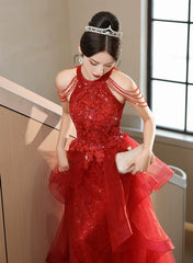 Red Tulle Halter A-line Long Evening Dress, Red Tulle Prom Dress Party Dress