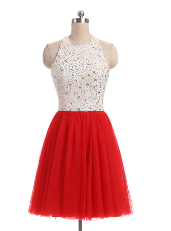 Red Tulle Halter Beading Homecoming Dress