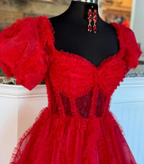 Red Tulle Long Prom Dress with Sheer Corset Bodice