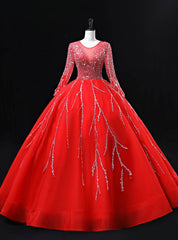 Red Tulle Long Sleeve Beading Sequins Backless Quinceanera Dress