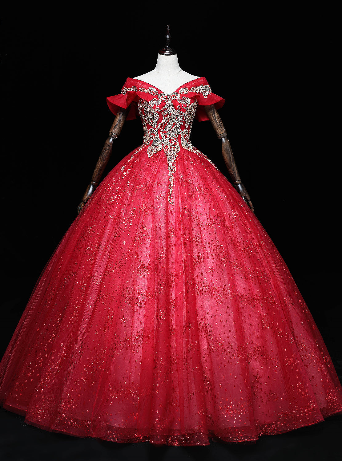 Red Tulle Off the Shoulder Sequins Beading Quinceanera Dress