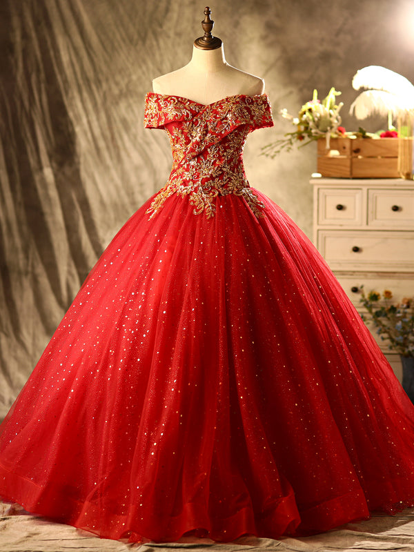 Red Tulle Sequins Beading Off the Shoulder Quinceanera Dress