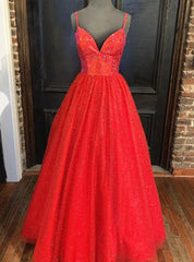 Red Tulle Sequins Spaghetti Straps Beading Prom Dress