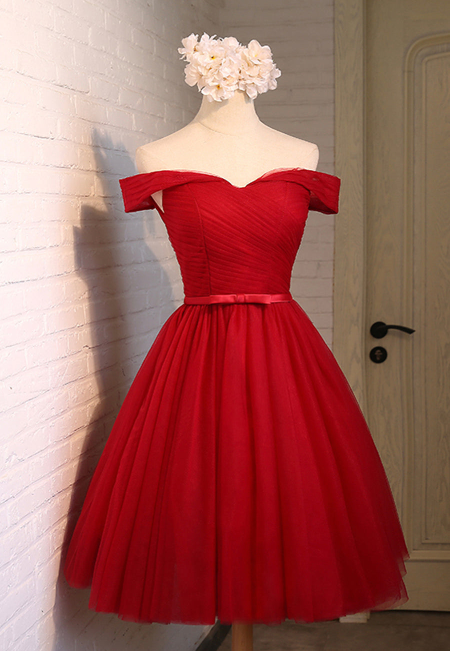 Bridesmaid Dresses Under 106, Red Tulle Short Prom Dresses,A-Line Semi Formal Dress